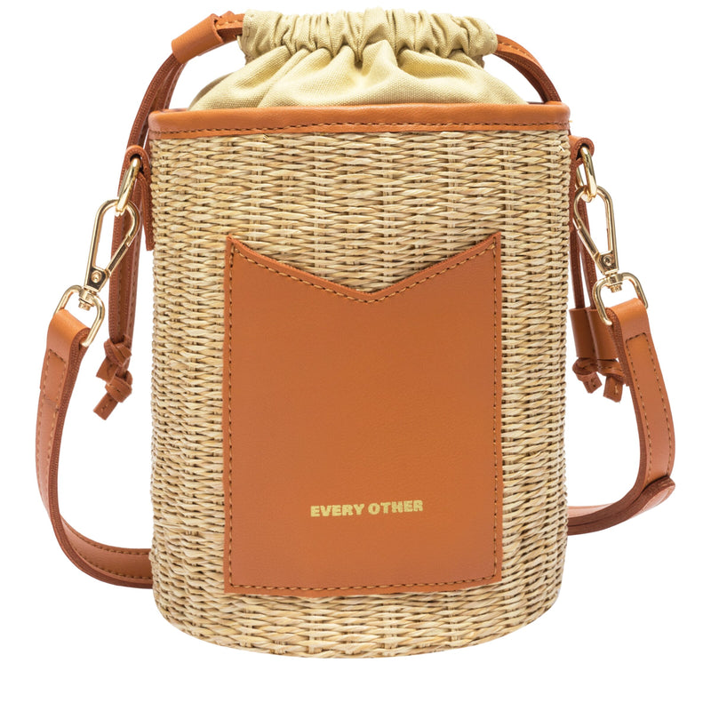 Every Other Cylindrical Drawstring Top Shoulder Bucket Bag in Tan