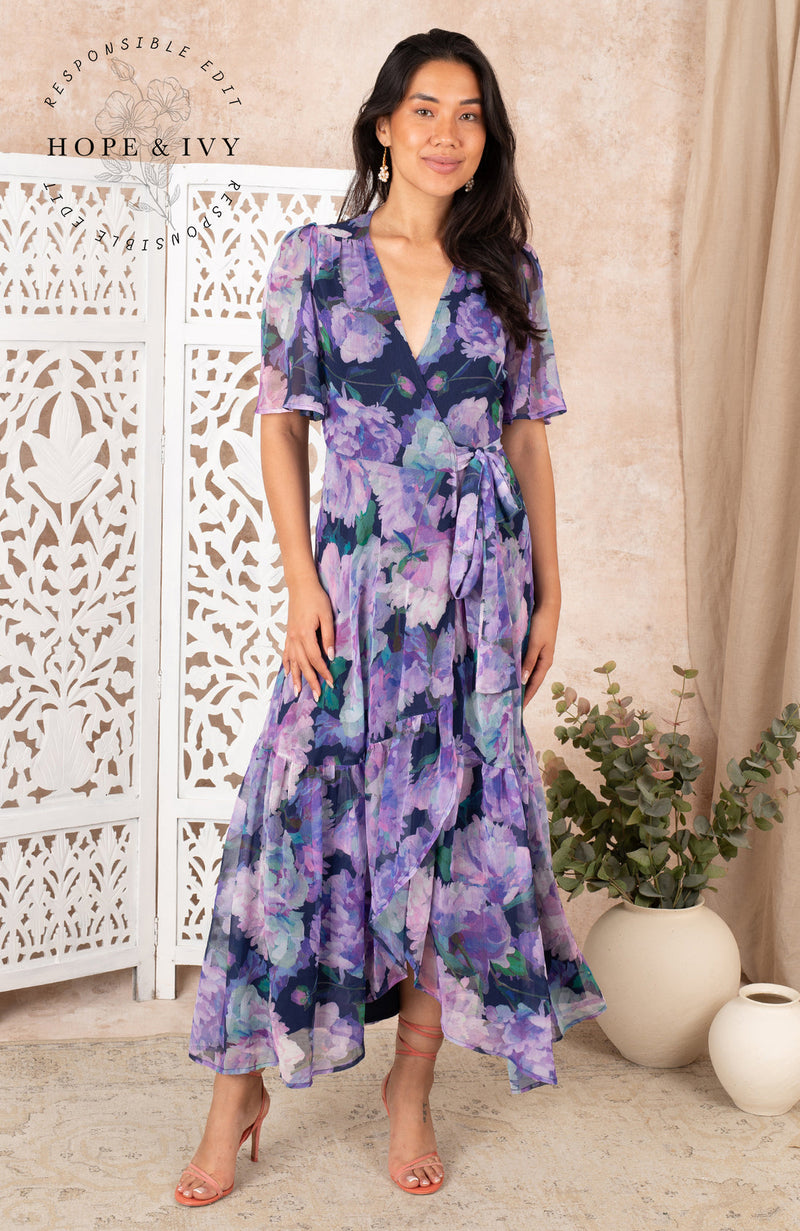 Hope & Ivy Adele Purple Flutter Sleeve Maxi Dress
