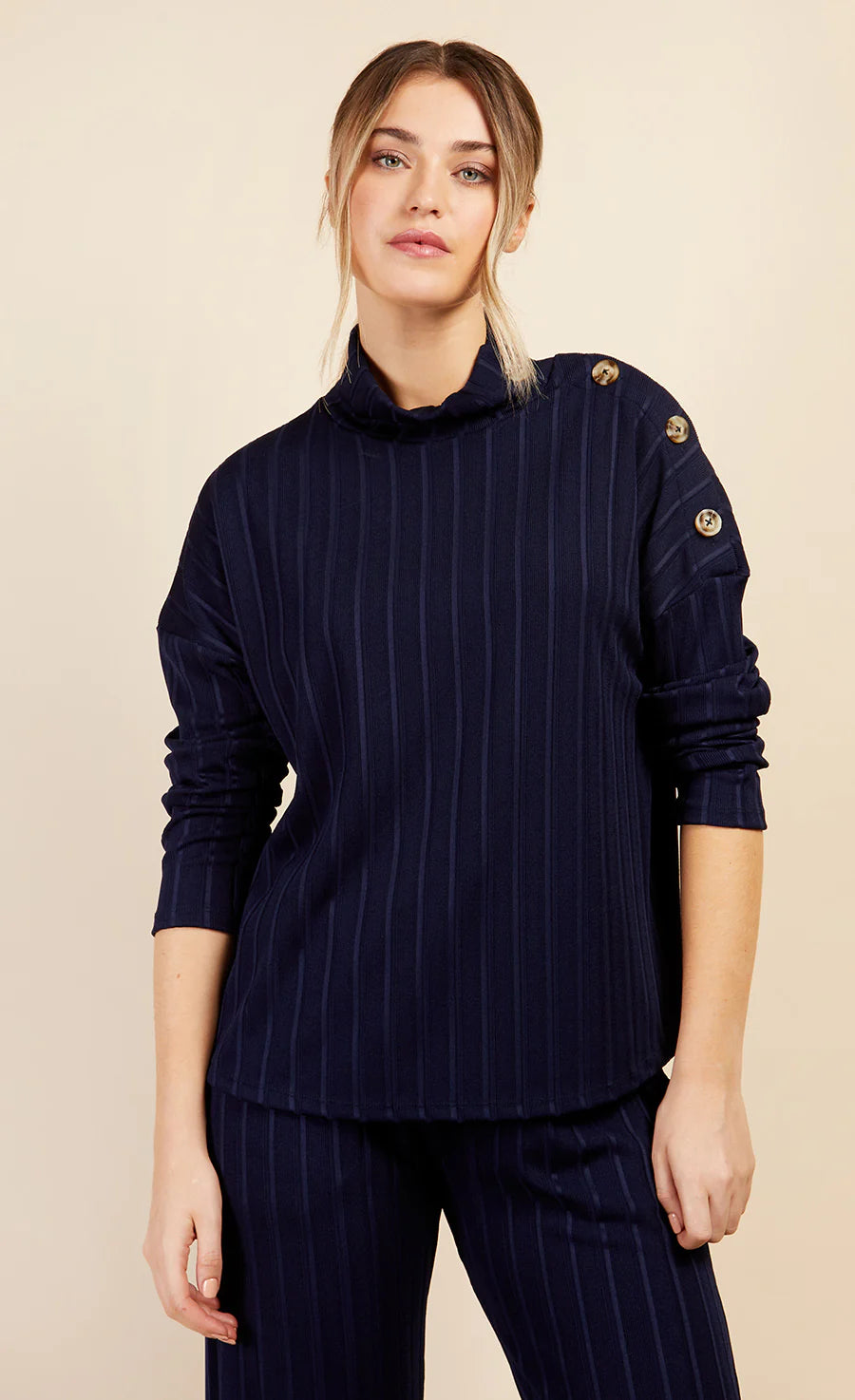 Little Mistress Navy Button Detail Ribbed Top by Vogue Williams