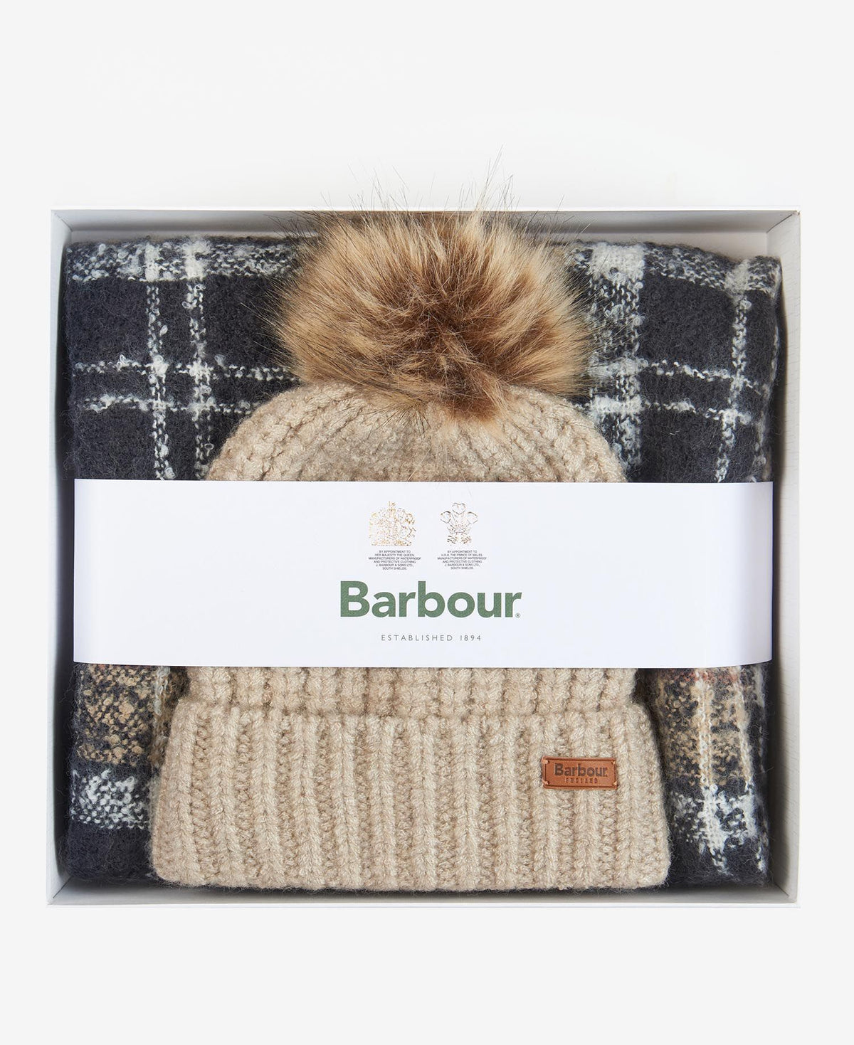 Barbour Saltburn Pompom Hat & Tartan Scarf Set