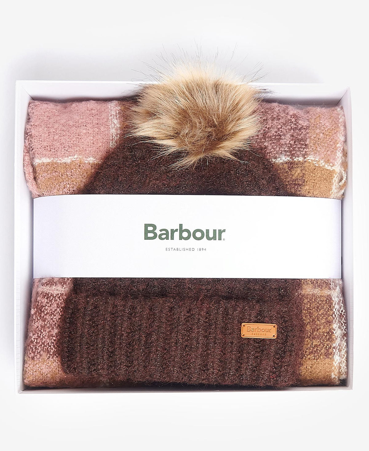 Barbour Saltburn Chocolate Pompom Hat & Tartan Scarf Set