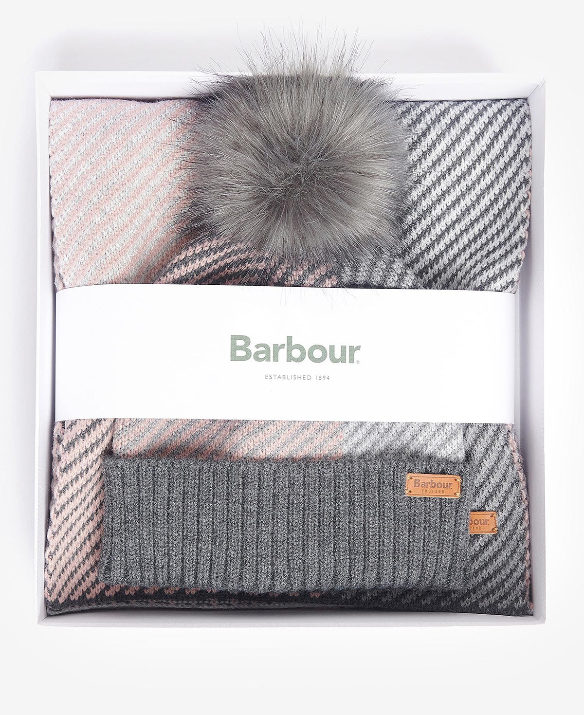Barbour Nyla Grey Pattern  Pompom Hat & Scarf Set