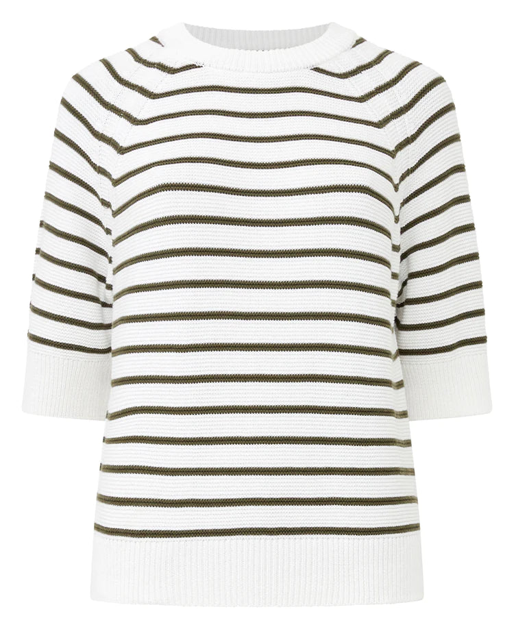 French Connection Lily Mozart Striped Short Knit In White/Olive Night