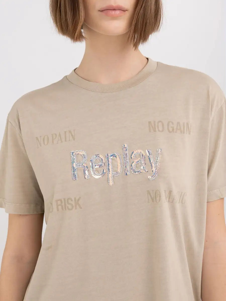 Replay Slogan Tshirt With Sequin Branding In Beige