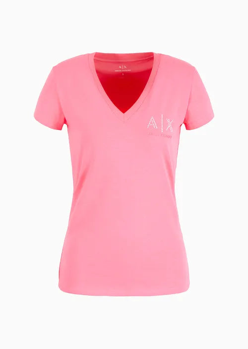 Armani Exchange V Neck Diamnote Logo Tshirt Watermelon Pink