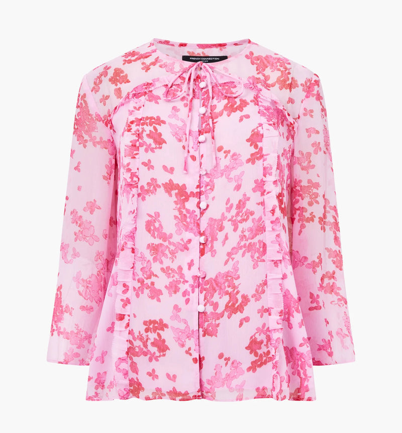 French Connection Isla Hallie Crinkle Tie Neck Top Violet Pink Multi