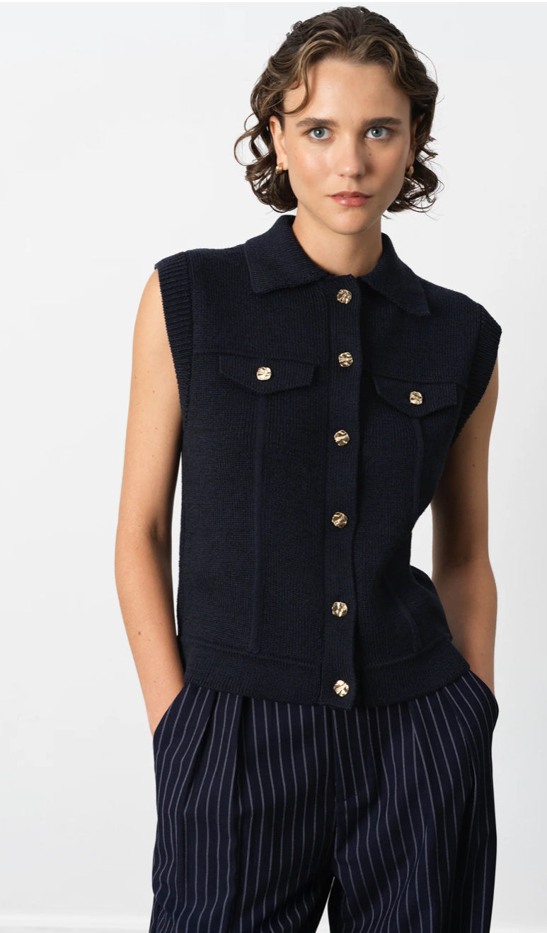 French Connection Roland Knit Collared Gilet Indigo