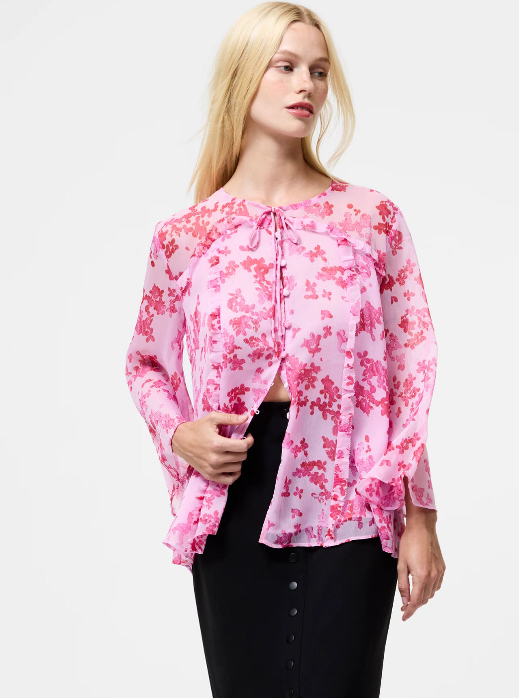 French Connection Isla Hallie Crinkle Tie Neck Top Violet Pink Multi