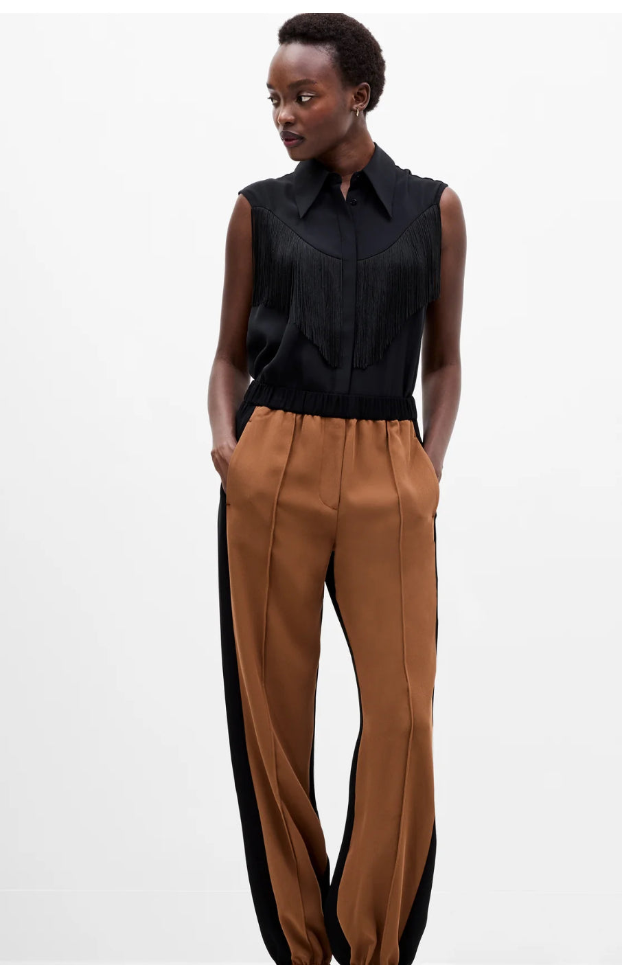 French Connection Bella Twill Contrast Trousers Black/Pecan