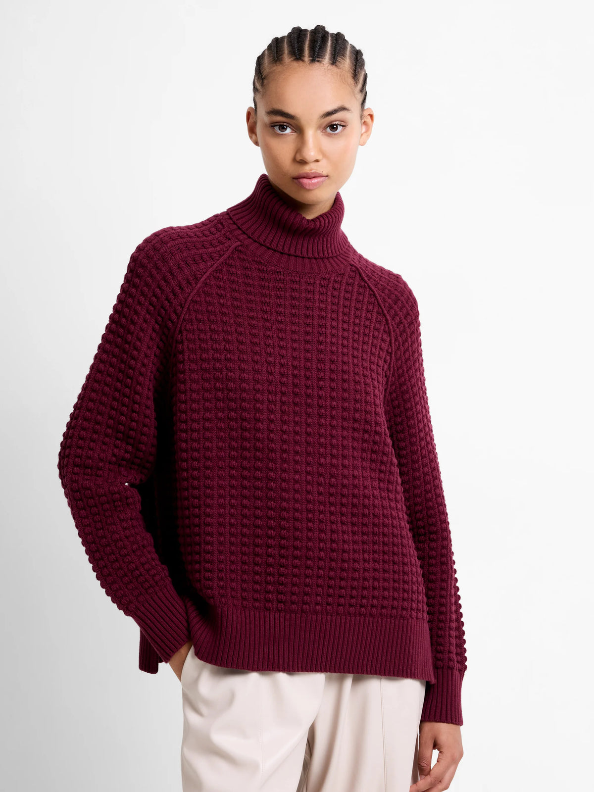 French Connection Keya Popcorn Knit Roll Neck Jumper In Bordeaux Red