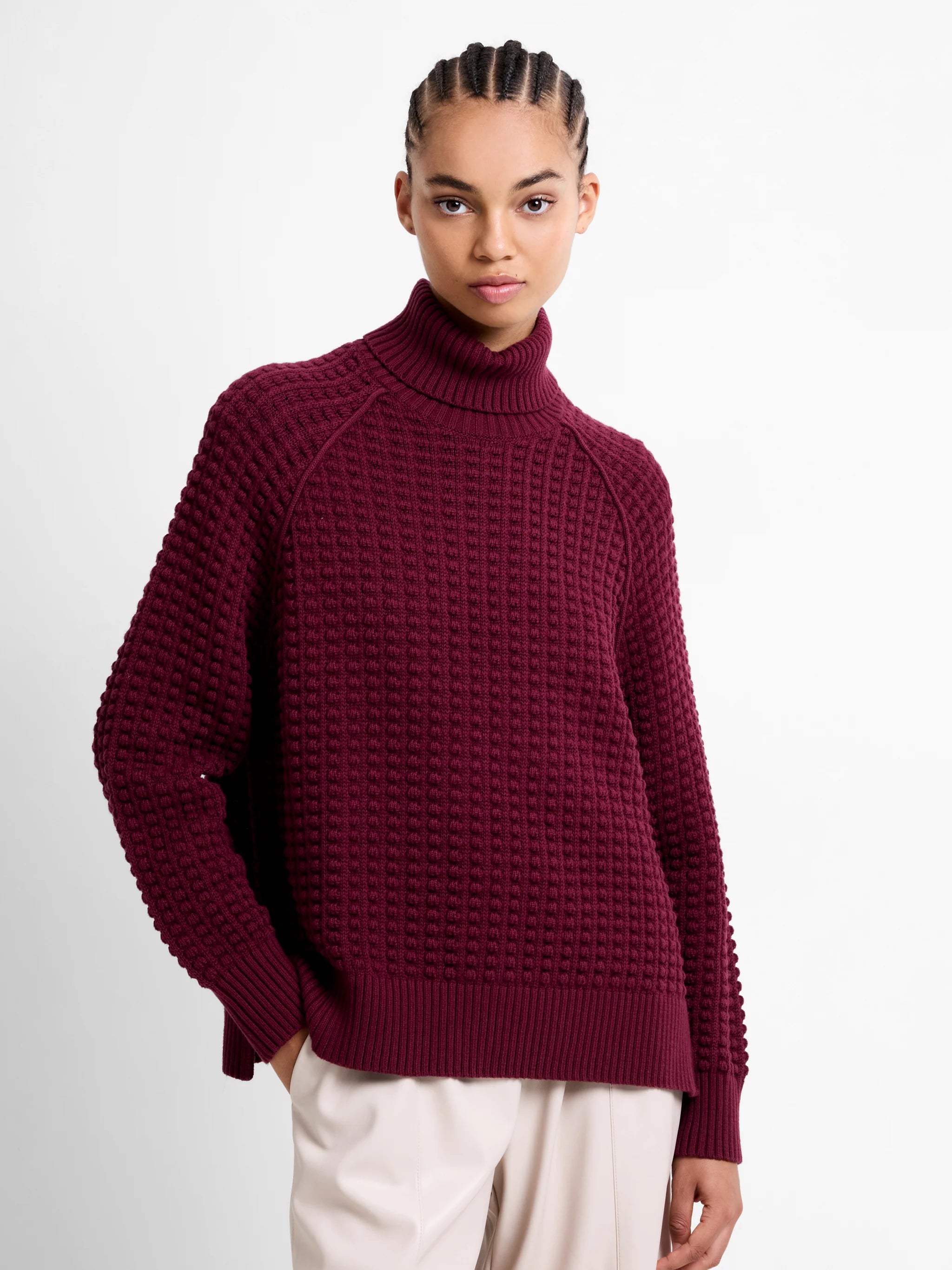 French Connection Keya Popcorn Knit Roll Neck Jumper In Bordeaux Red
