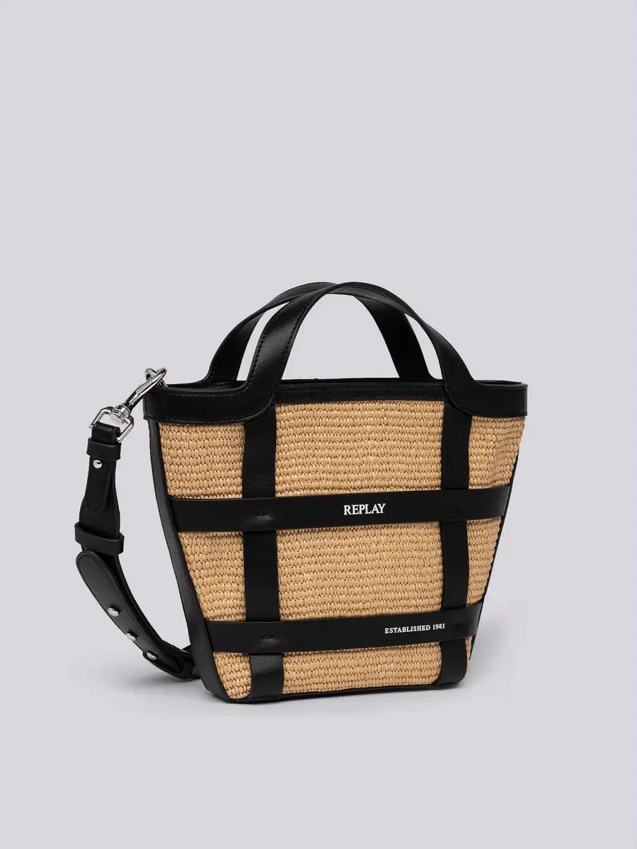 Replay Large Wicker Tote Bag Black/Natural