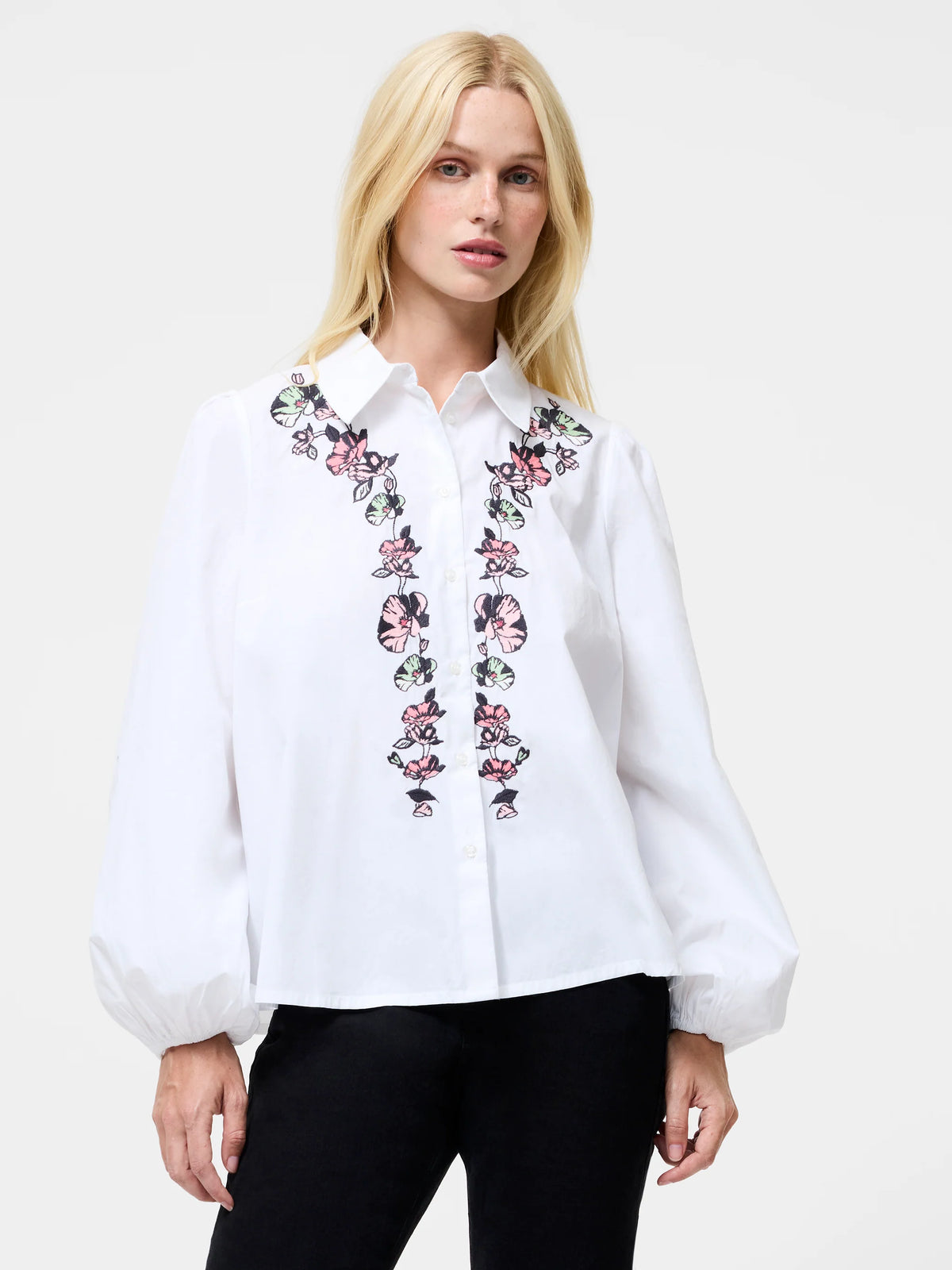 French Connection Cambria Ellie Embroidered Button Down Shirt Cream/ Pink Blossom